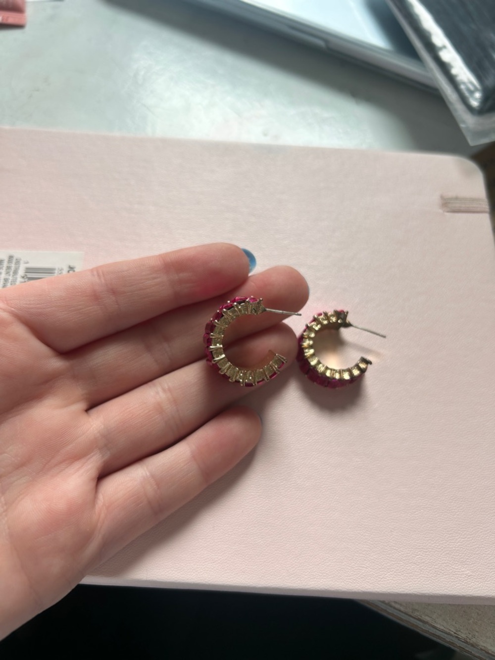 Gold Hoop Earrings with Pink Baguette Stones - Women Jewelry - Picture 2 of 3
